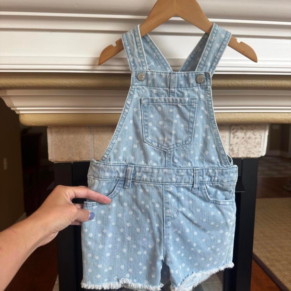 The Children's Place blue denim overalls with white polka dots, size 4T